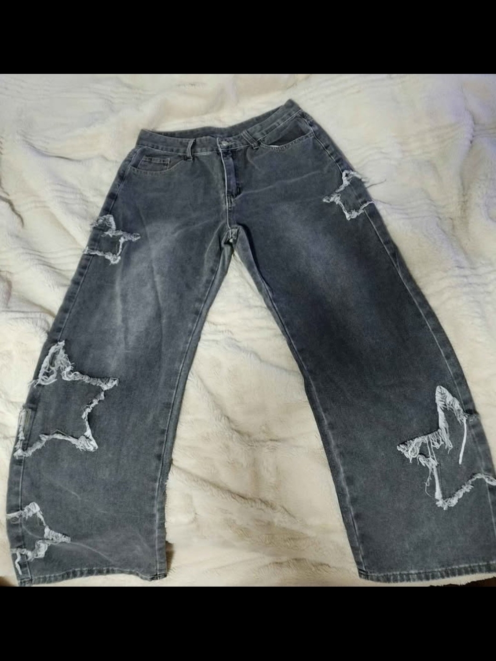ROMWE Washed Black Flare Jeans with Distressed Star Patches